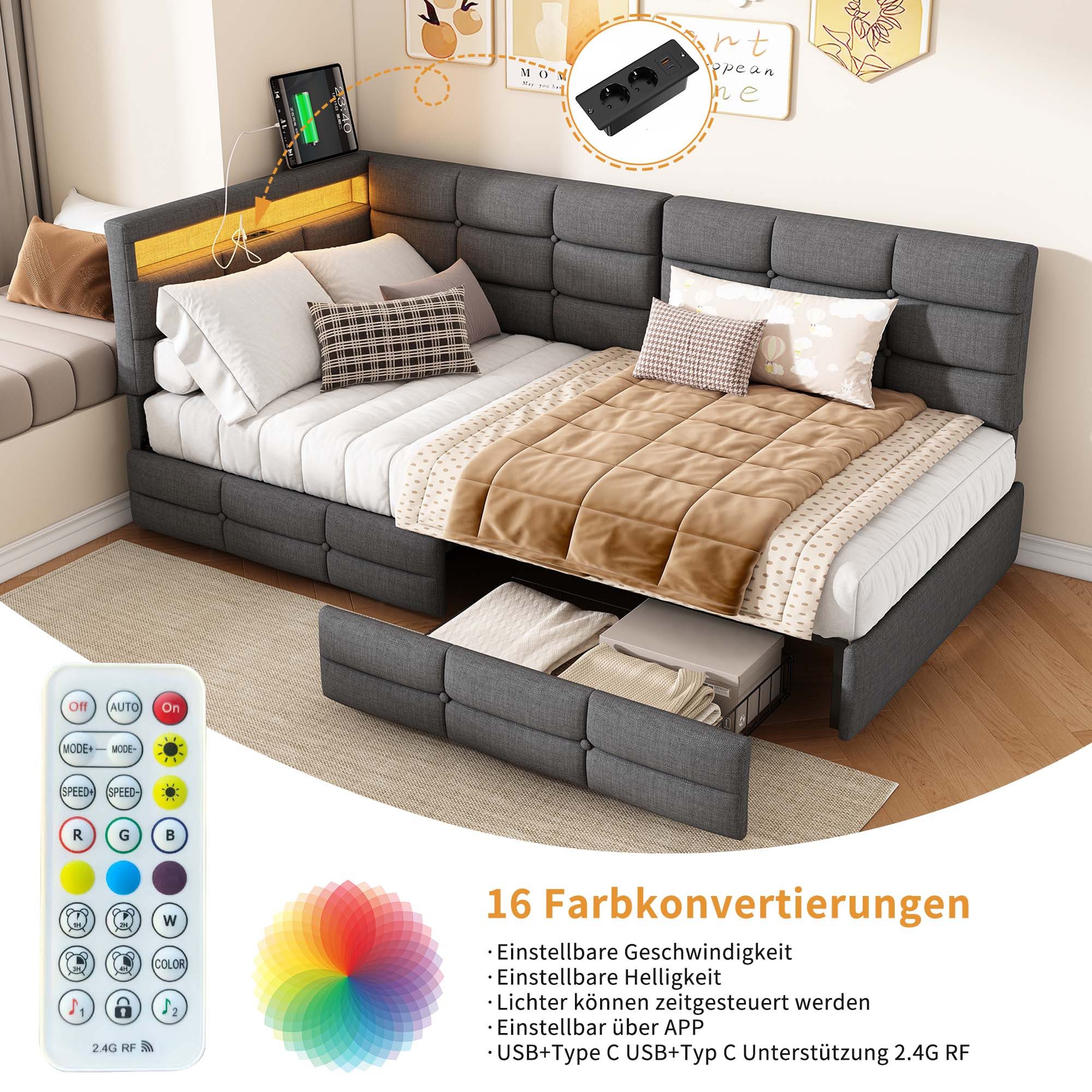 ADWOLT Schlafsofa Daybett Tagesbett Ausziehbares mit Bettfunktion, Multifunktionsbett,90x200 cm,2 Schubladen,Gepolstert,Grau,Leinenstoff – Bild 2 von 5