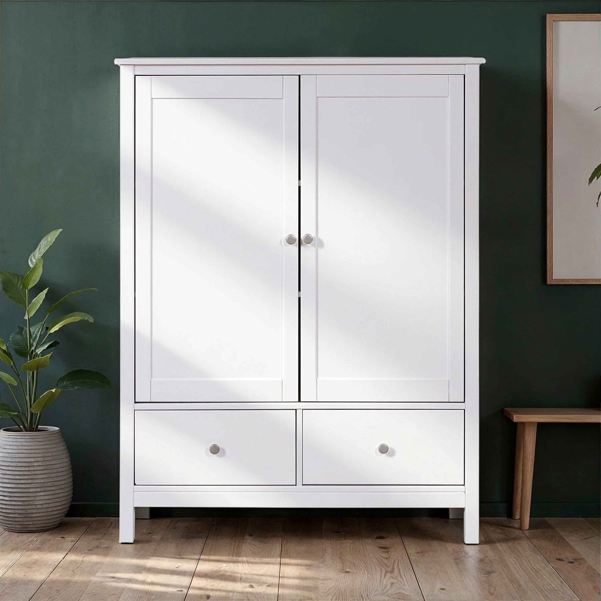 Inter Link Wäscheschrank Pinora, 2 Türen, Kiefer Massivholz Weiss, Silberne Metallgriffe (1-St) Inkl. Einlegeböden & 2 Schubladen, Skandi Look, 107 x 45 x 140 cm