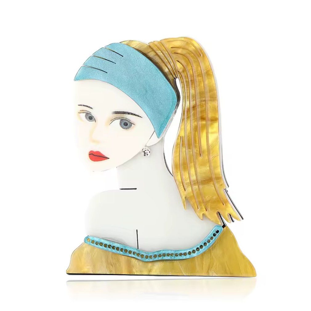 Dark-Desires Brosche Acryl Brosche Kunstmotiv "Das Mädchen mit den Perlenohringen", Damen Brosche vintage Accesssoire retro Anstecknadel