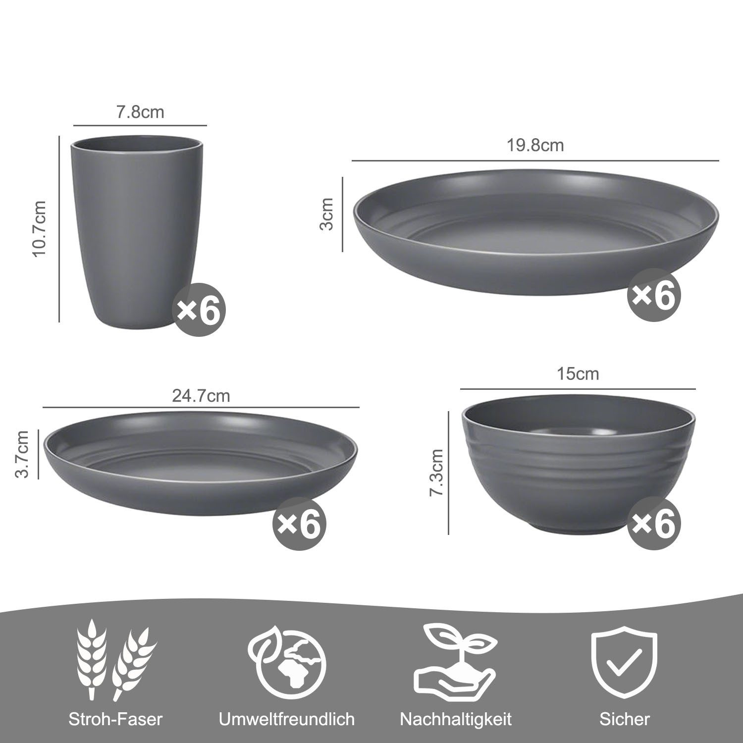 HEYHIPPO Frühstücks-Geschirrset Spülmaschinenfestes 24-tlg. Geschirrset mit Tellern, Schalen, Bechern, 6 Personen, Leichtes, bruchsicheres Geschirrset für 6 Personen, ideal für Picknick