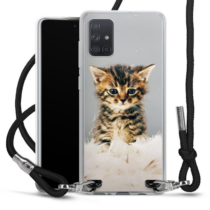 DeinDesign Handyhülle Katze Haustier Feder Kitty Samsung Galaxy A71 Handykette Hülle mit Band Case zum Umhängen