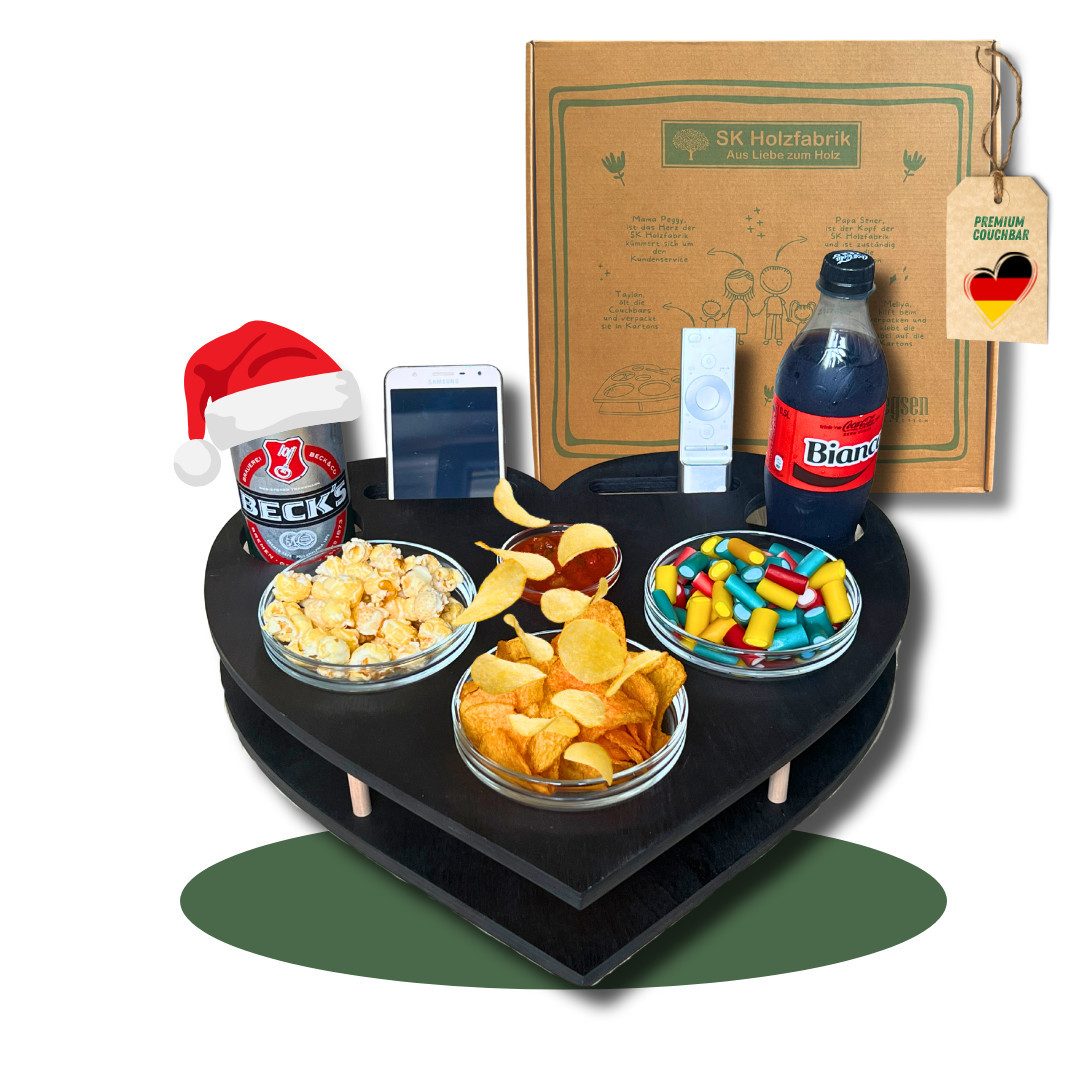 PEGSEN Servier-Set Couchbar mit Handyhalterung Snackbar Herz mit 4 Glasschalen Tablett, Stabil & Praktisch, lebensmittelechte Glasschalen, Handyhalterung