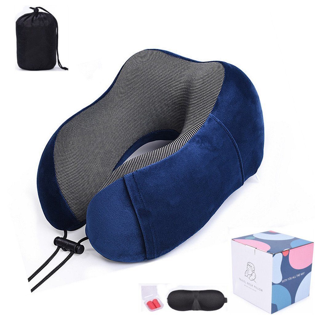 Nackenpolster Reisen,Flugzeug,Büro XDeer mit für Reisekissen ergonomisch Nackenstützkissen,maschinenwaschbares Nackenkissen Schlafmaske,Ohrstöpsel,Tasche,weicher Camping, hochwertiges ideal geformtes Nackenkissen Memory-Schaum, und dunkelblau