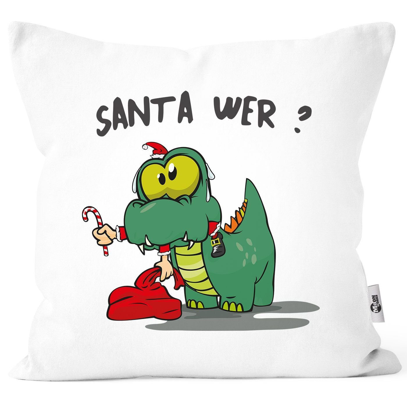 MoonWorks® Wer? Dekokissen frisst Kissenhülle MoonWorks Weihnachten Spruch Dinosaurier weiß Santa Santa Kissen-Bezug lustige Claus