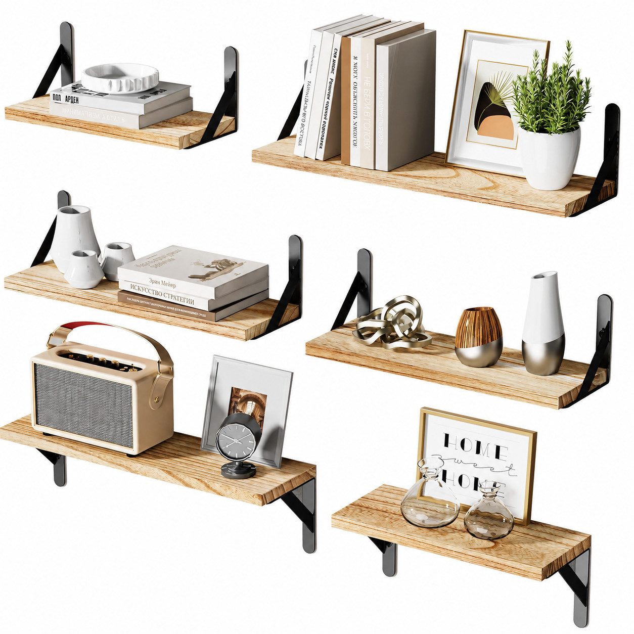 SURFOU Regal Wandregal holz 6er Set, regal wand Schweberegale Robust&Funktional, 15kg Tragkraft, Für Wohnzimmer, Schlafzimmer, Küche, Bad, Büro