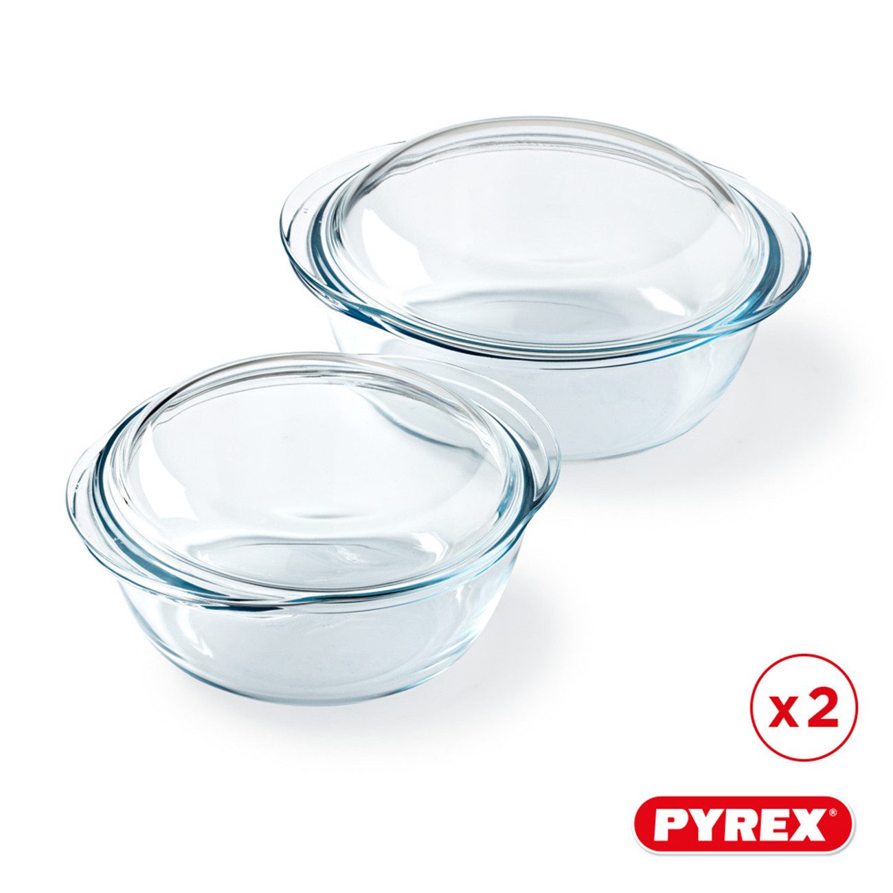 PYREX Kasserolle 4 in 1, Borosilikatglas (Kasserollen-Set, 2-tlg., rund, je 1,6 l), hitzebeständig, mikrowellengeeignet, gefriergeeignet, Made in France