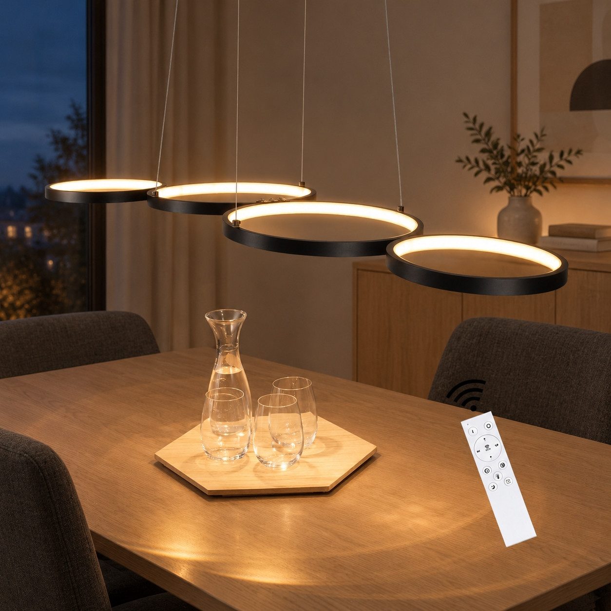 Nettlife LED Pendelleuchte Esszimmer Esstischlampe Schwarz Dimmbar 4Ring mit Fernnediennung, Höhenverstellbar, LED fest integriert, Warmweiß, Kaltweiß, Neutralweiß, Wohnzimmer Schlafzimmer Arbeitszimmer Büro Esszimmer