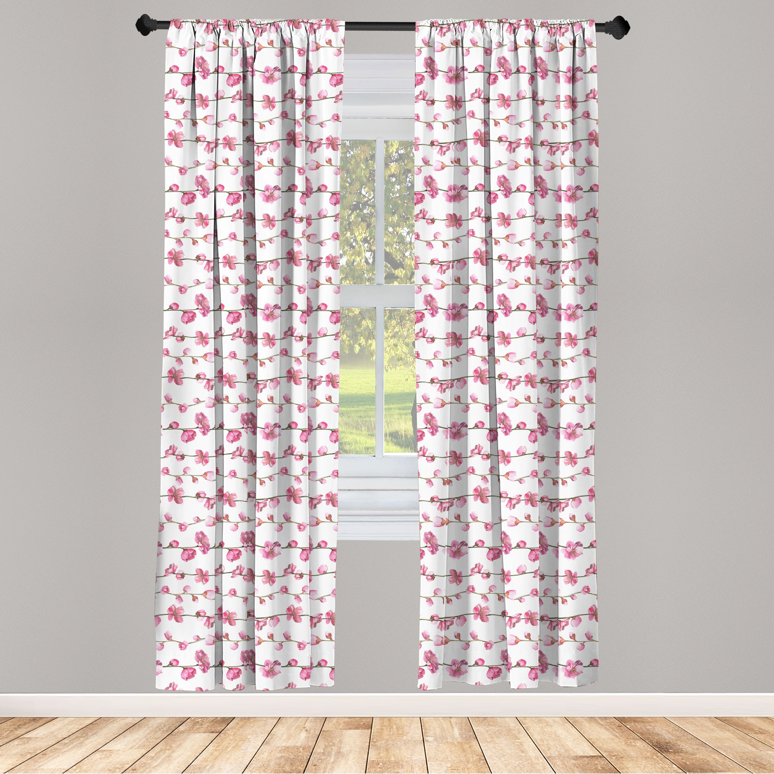 Gardine Vorhang für Wohnzimmer Schlafzimmer Dekor, Abakuhaus, Microfaser, Asian Blätter Blühende Blumen | Fertiggardinen