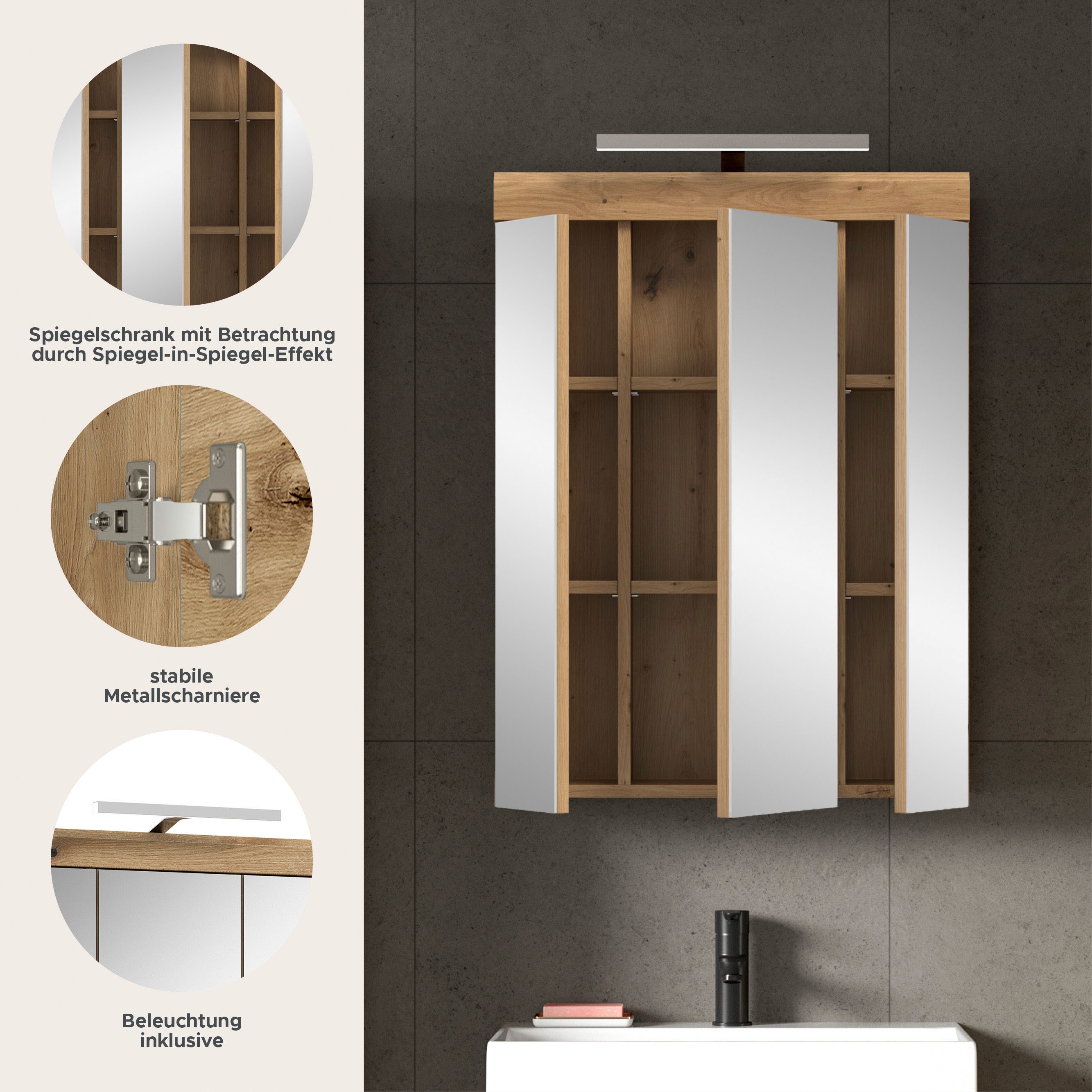 welltime Badezimmerspiegelschrank SIENA, Breite 60cm, inkl. Beleuchtung, 3 Spiegeltüren, 9 Fächer (Set, TOPSELLER) in verschiedenen Farben erhältlich, Badmöbel, Badschrank, Schrank, Bad