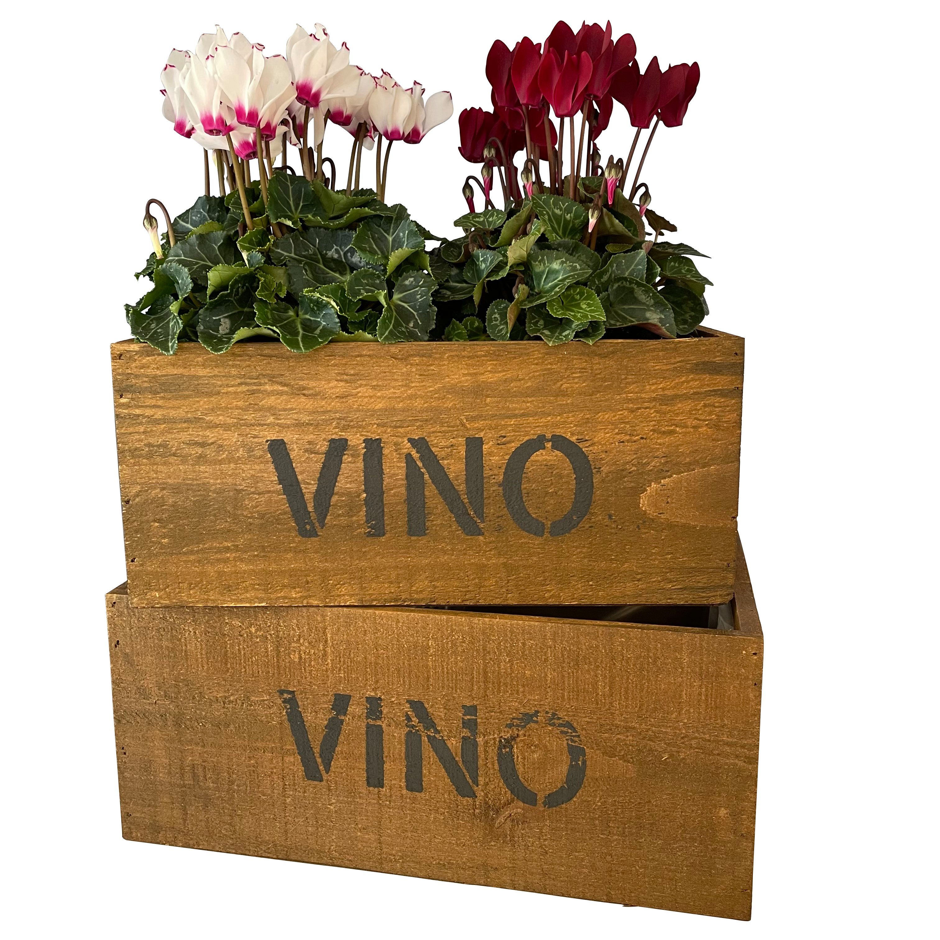 Blumentopf 2er Set im alten Holzkisten-Design VINO Vintage Übertopf Pflanzkübel