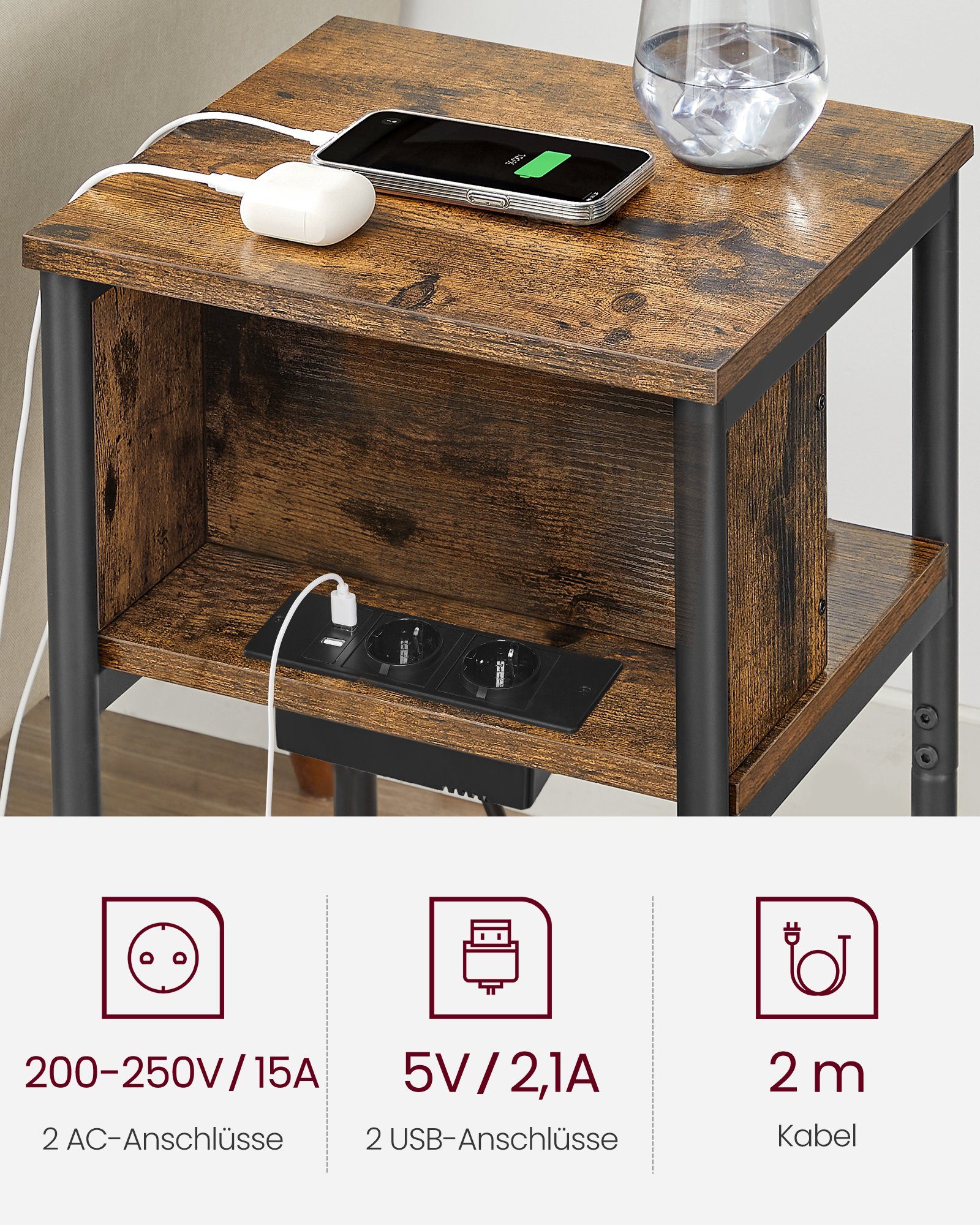 VASAGLE Beistelltisch (1-St), mit Steckdose, 2 AC-Anschlüsse, 2 USB-Anschlüssen