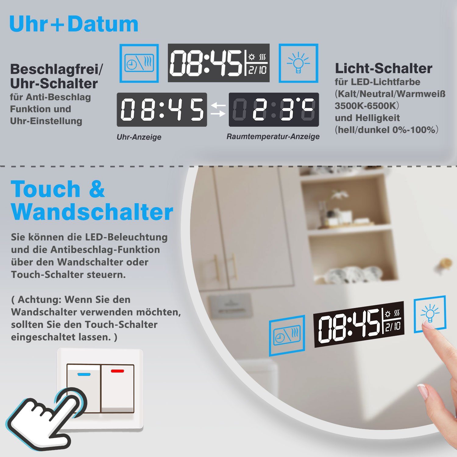 dimmbar Schminkspiegel Badspiegel Uhr, duschspa Memory Touch/Wandschalter, Runder Kalt/Neutral/Warmweiß Spiegel
