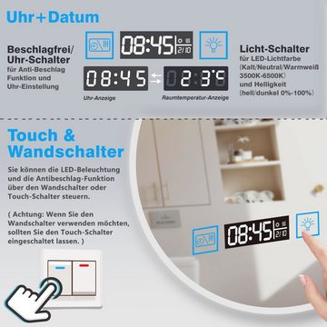 duschspa Badspiegel Runder Spiegel Kalt/Neutral/Warmweiß dimmbar Memory Touch/Wandschalter, Uhr, Schminkspiegel