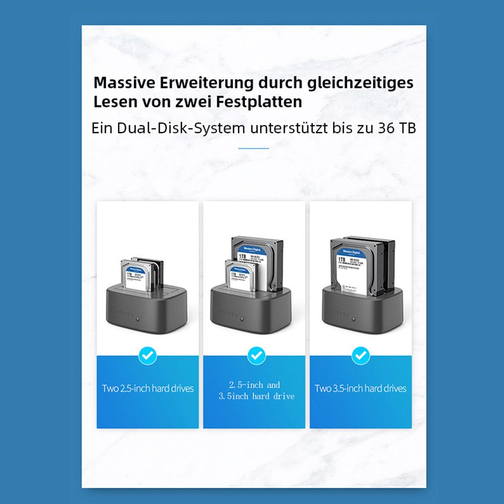 UnionSine Festplatten-Dockingstation UnionSine Dual-Bay-HDD-Dockingstation mit Offline-Klonfunktion, SATA-zu-USB-3.0-HDD-Klon-Dockingstation