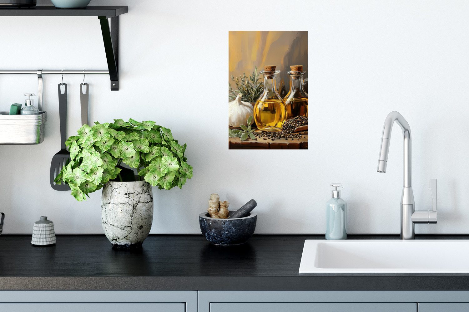 MuchoWow Wandsticker Stilleben - Olivenöl - Knoblauch - Kräuter (1 St), Wandaufkleber, Selbstklebend, Wohnzimmer, 20x30 cm