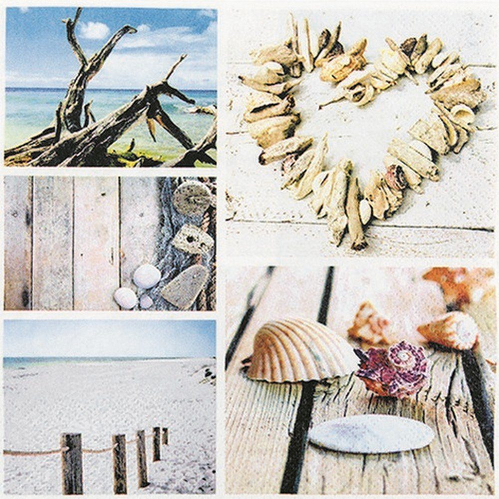 HOME FASHION Papierserviette 20 Servietten Maritim Still Life - Collage vom Strandbesuch 33x33cm, (20 St)