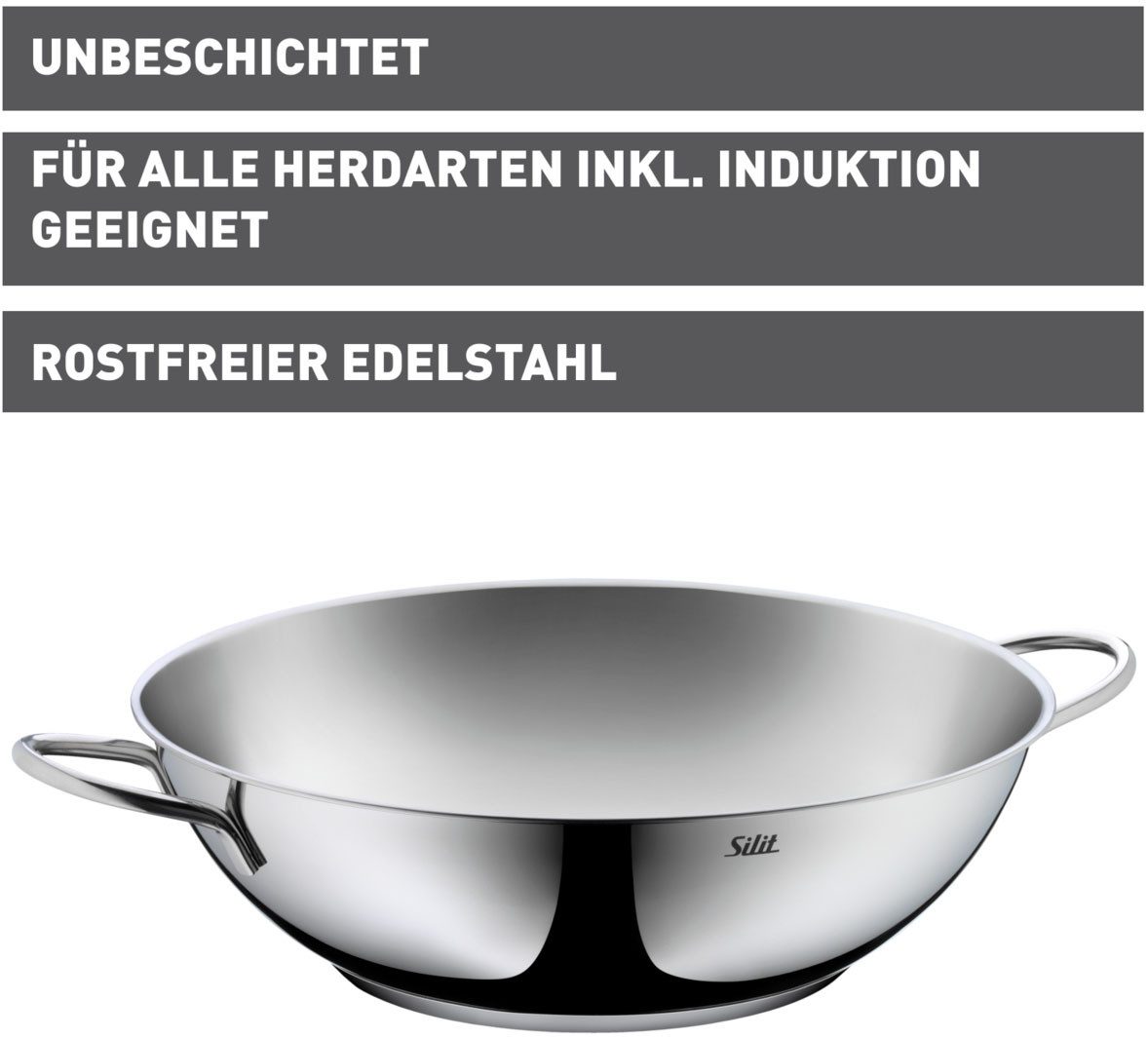 Silit Wok Wokpfanne Induktion, Cromargan® Edelstahl Rostfrei 18/10 (1-tlg), ideal für energiesparendes Kochen, für alle Herdarten geeignet