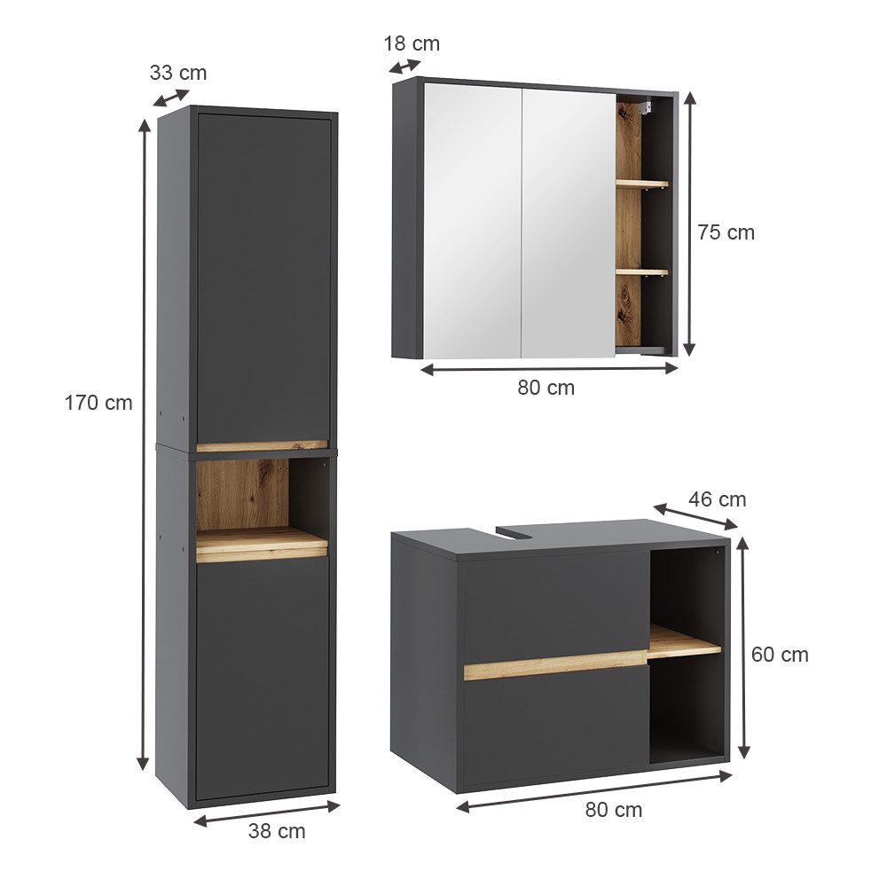 Vicco Badmöbel-Set Viola, Grau/Artisan, 3 Teile, günstig online kaufen