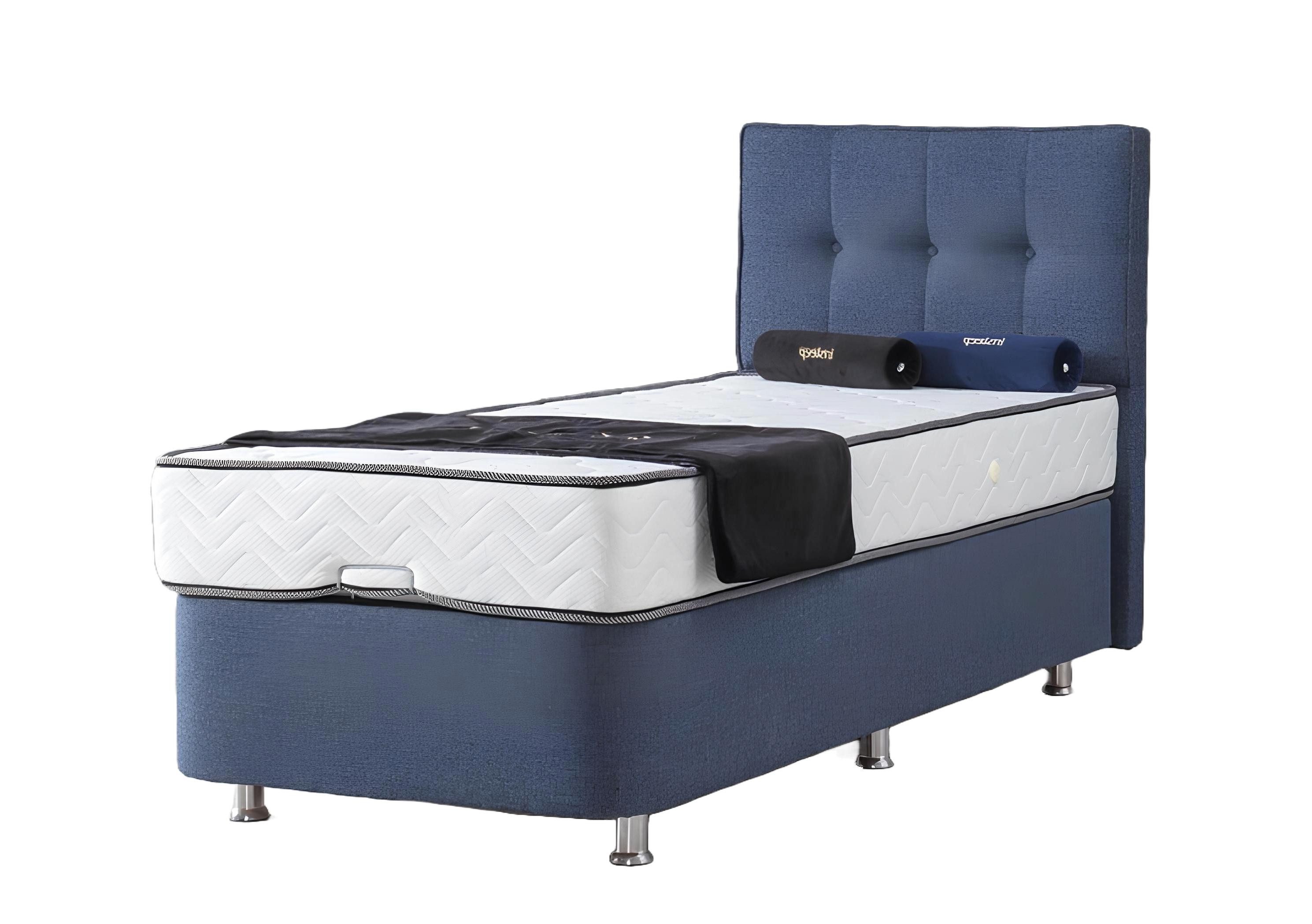 Einzelbett Neues modernes Einzelbett in luxuriösem blauen Stoff und Metallgestell