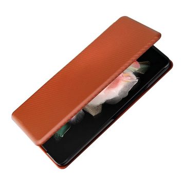 Wigento Handyhülle Für Samsung Galaxy Z Fold4 5G Carbon Kunstleder Handy Tasche Hülle Etuis Braun