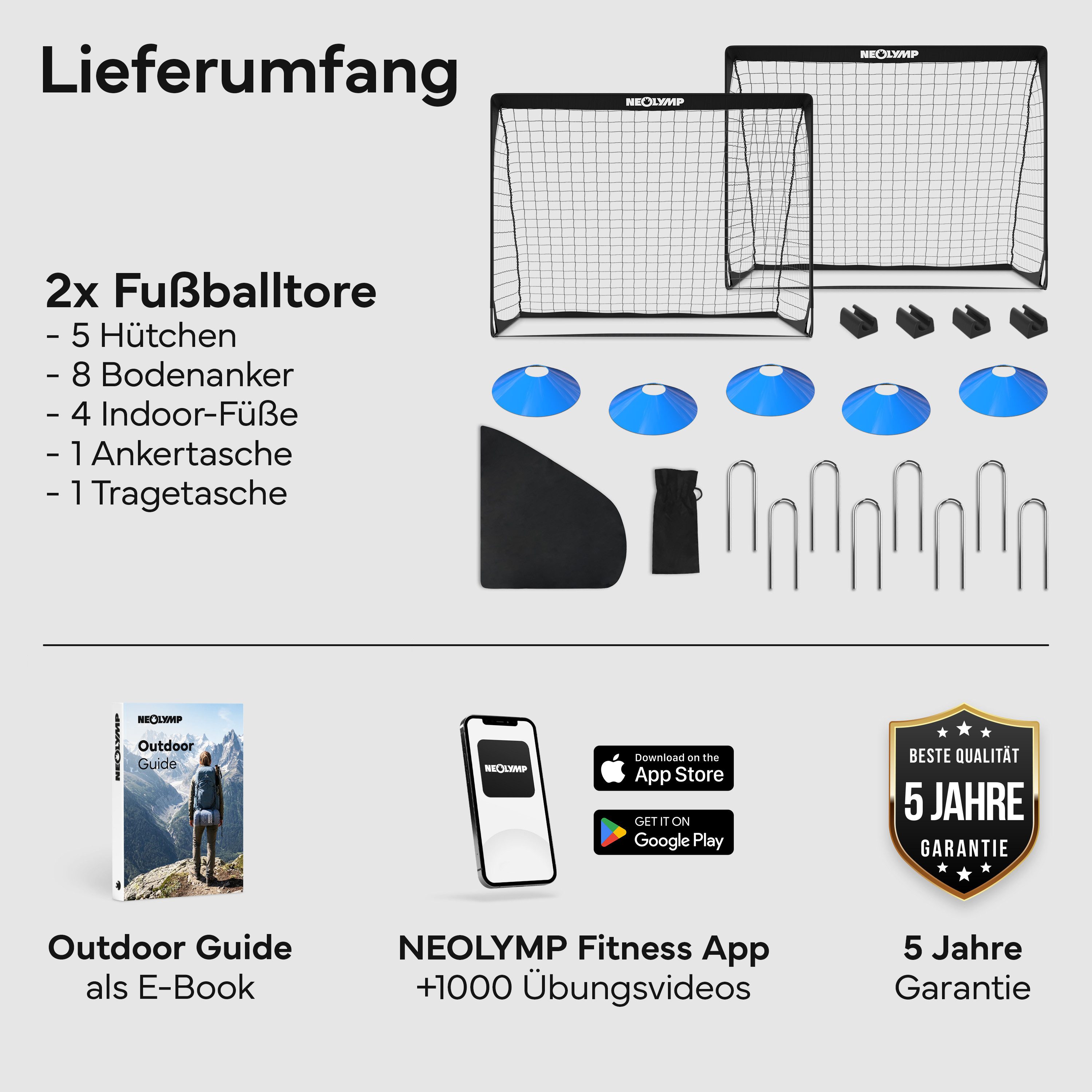 NEOLYMP Fußballtor Kinder Set – Faltbare Tore für Garten – Robuste 9 mm Fiberglas-Stangen (Ideal für Fußball-Training & Spiel Spaß - Fußball Trainingszubehör), Fußballtor mit Hütchen, Karabinern, Indoor-Füße & Tragetasche