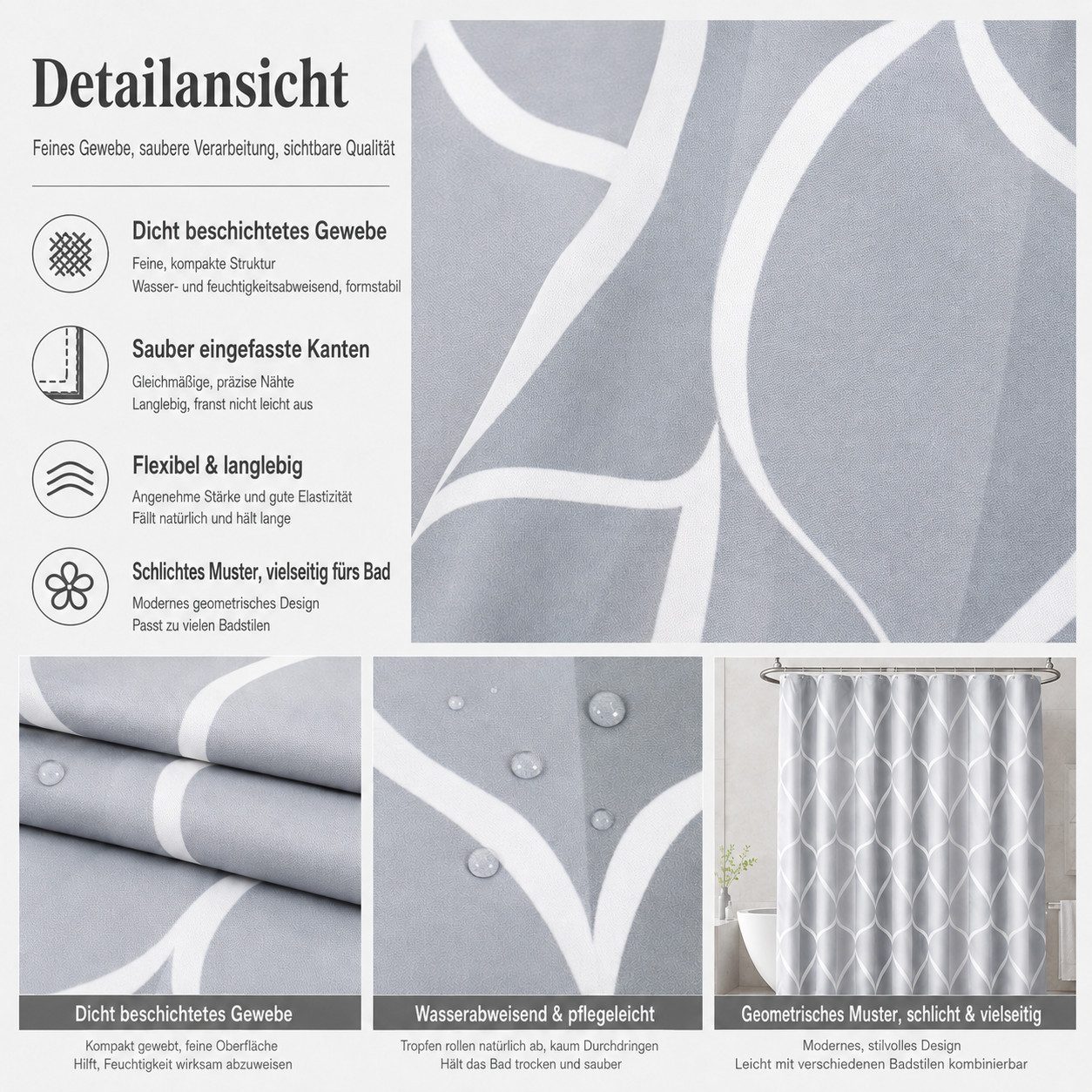 VEKROBOT Duschvorhang Grauer wasserdichter Duschvorhang schlicht, extra stark fürs Bad (Set, 1-tlg., Verdickter Polyester-Duschvorhang), Schlichter, extra stark – Bild 3 von 5