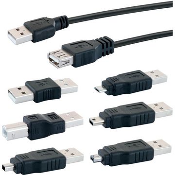 Schwaiger USB 2.0 Anschlussset (7-teilig) USB-Adapter, USB Verlängerungskabel, 1,5m, Adapter, USB 2.0 Buchse Stecker, schwarz