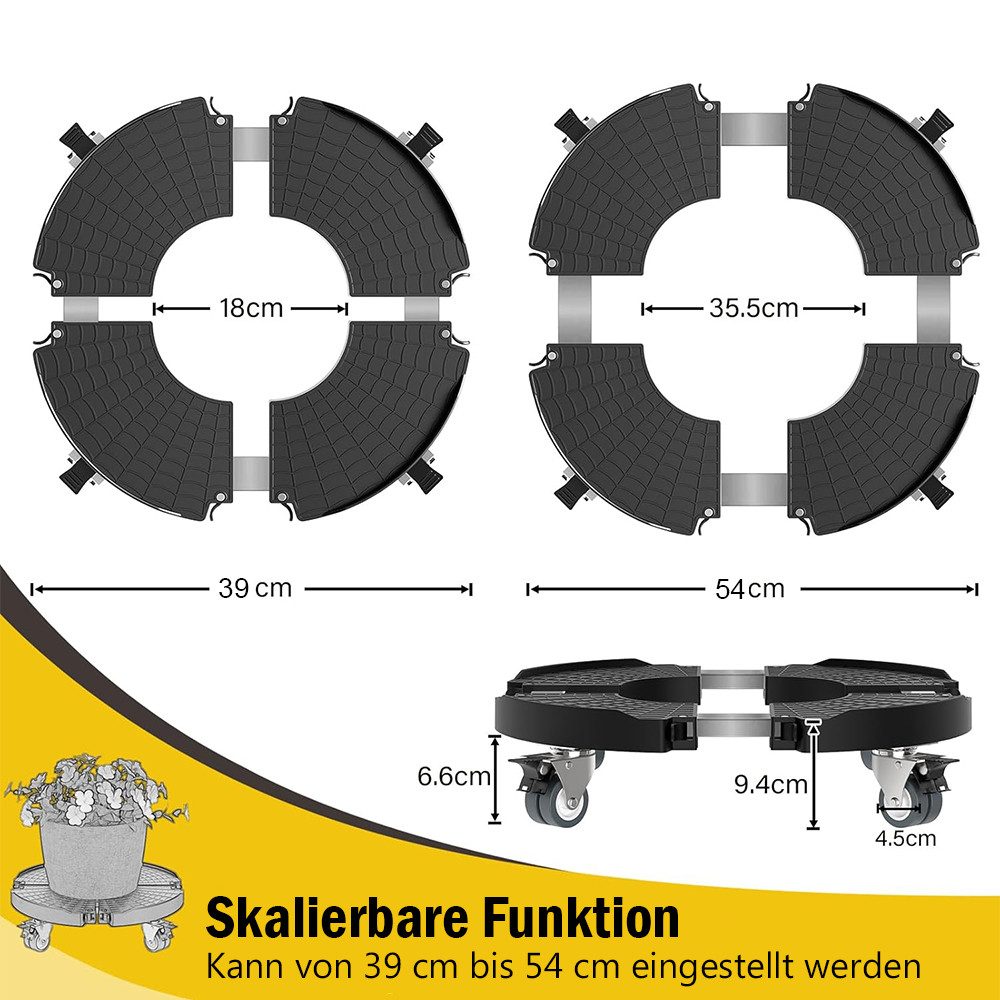 TUWENA Pflanzenroller Pflanzenroller, Blumentopf Untersetzer mit Rollen 39-54cm Verstellbar, Für GroßE PflanzgefäßE im Innen- und AußEnbereich, 200kg Tragkraf