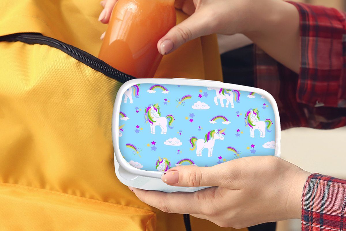 - Einhorn für Kind, Lunchbox und MuchoWow Kunststoff, (2-tlg), Erwachsene, Mädchen Muster weiß Brotdose, Kinder und - Brotbox Jungs Regenbogen für -