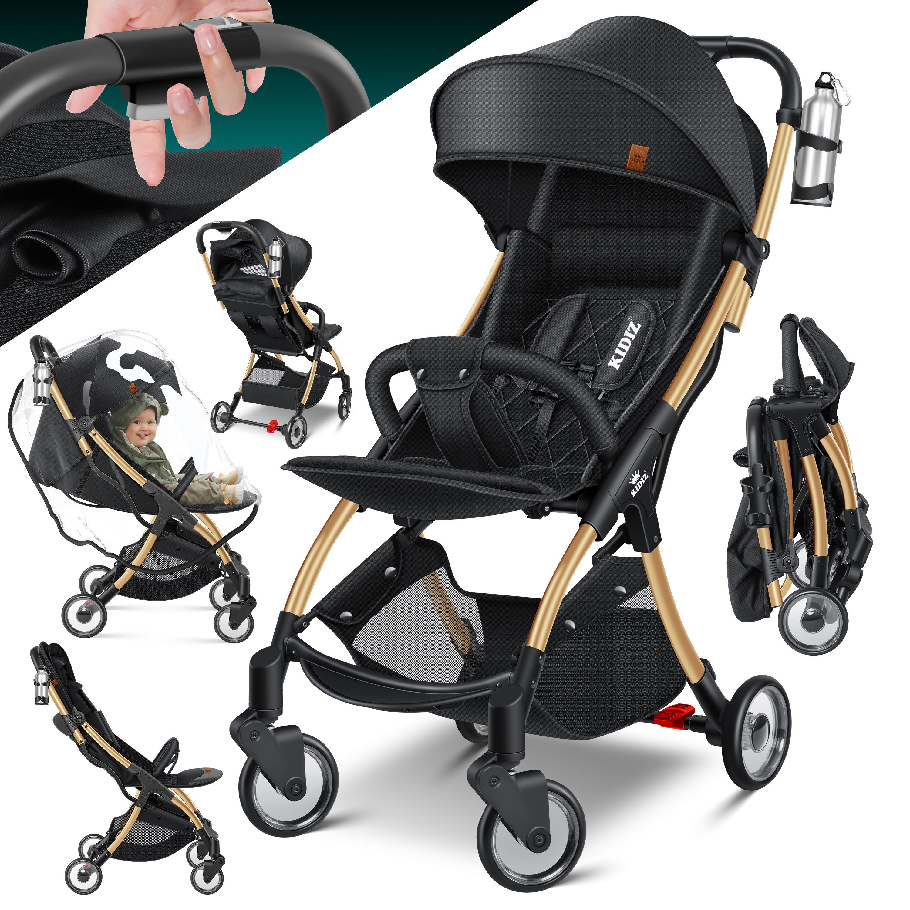 KIDIZ Kombi-Kinderwagen Sportwagen Faltbar, Buggy mit verstellbaren Rückenlehnen & 360° Räder, (Kinderbuggy Inkl. Getränkehalter, Regenabdeckung & Sonnenverdeck), Liegebuggy mit 5-Punkt Gurt & Abnehmbare Stoßstange