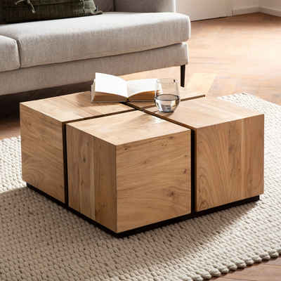 FINEBUY Couchtisch FB100346 (MONOBLOC Akazie Massivholz Quadratisch Cube), Sofatisch Kaffeetisch, Wohnzimmertisch Modern