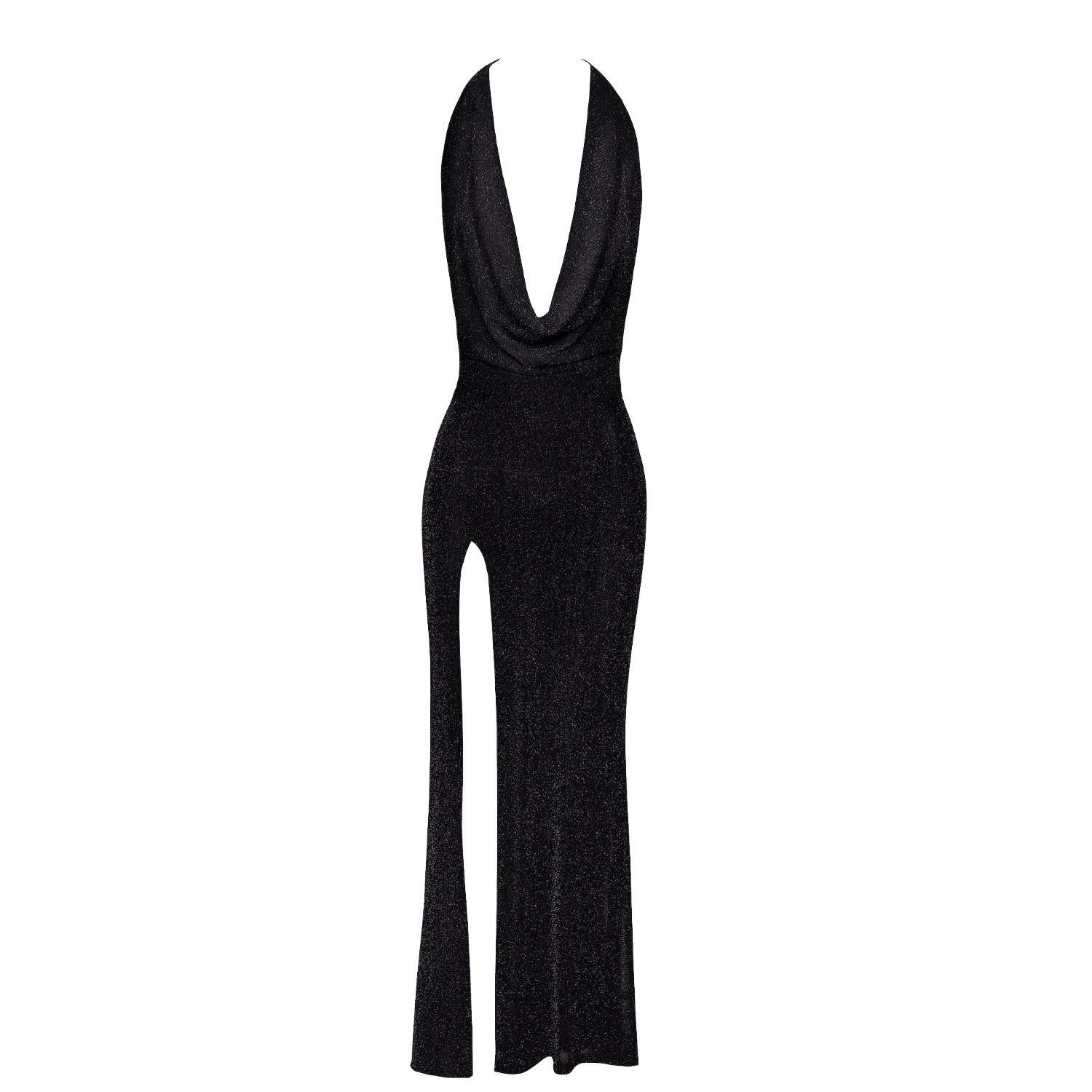 Noir Handmade Neckholderkleid langes Kleid Onyx Liquid F373 schwarz hoher Beinschlitz