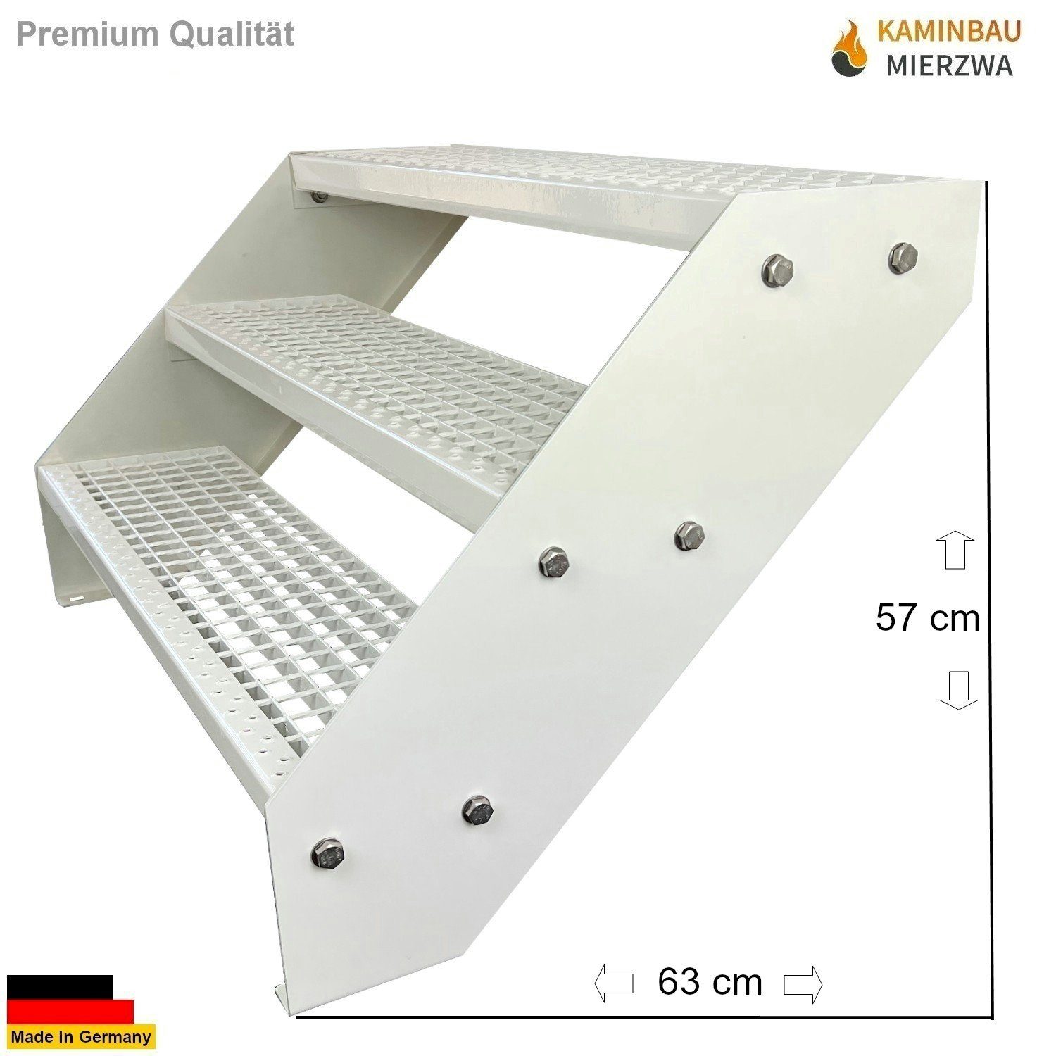 Kaminbau Mierzwa Außentreppe Premium Treppe Komplett Weiß Höhe Verstellbar, für Geschosshöhen bis 57 cm, Stufen Gitterroststufen nach DIN 24531, (Höhe 57 cm, Breite wählbar aus 60, 80, 100, 120, 140 cm), Gartentreppe Stahltreppe Wetterfest Rostfrei Feuer-Verzinkt Rutschfest