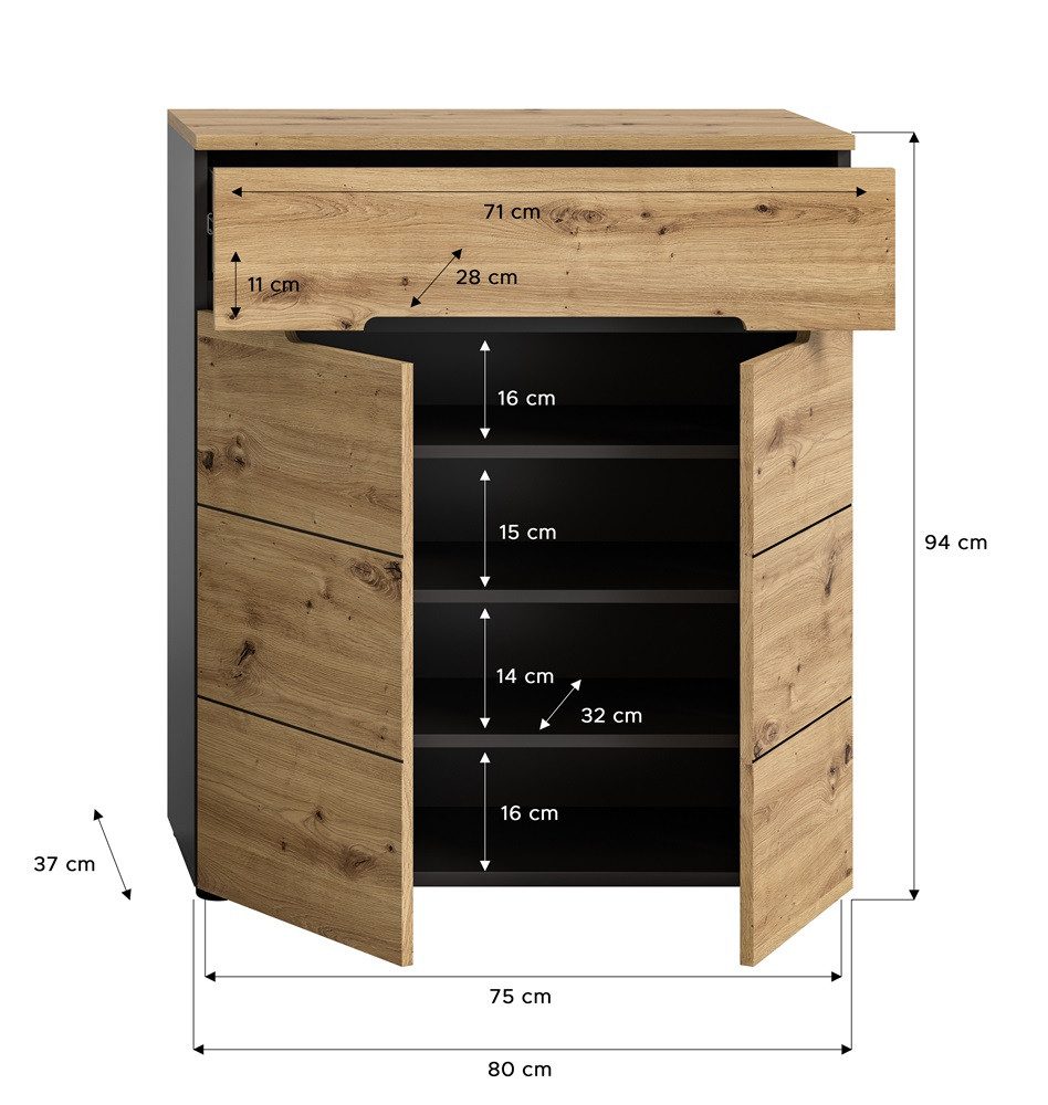 xonox.home Sideboard Schuhschrank, Kommode Canu, grau / Artisan Eiche, 80 cm