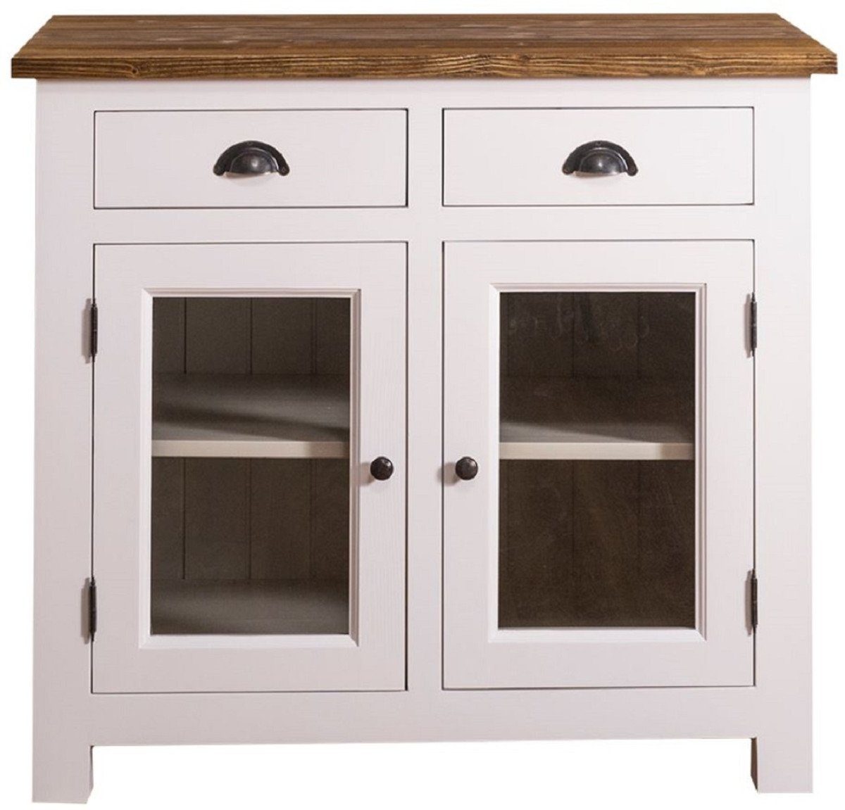 Casa Padrino Küchenbuffet Landhausstil Küchenschrank mit 2 Glastüren und 2 Schubladen Weiß / Grau / Braun 100 x 65 x H. 90 cm - Küchenmöbel im Landhausstil