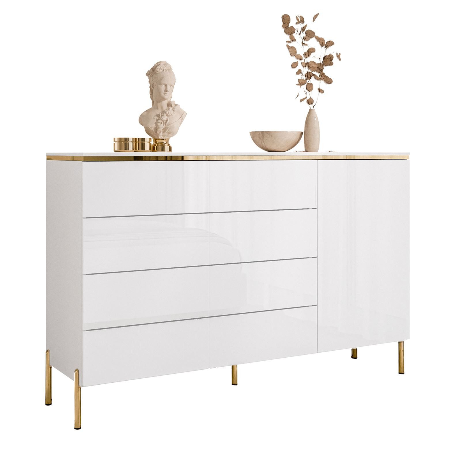 Lookway Kommode AURORA 4S1D weiß glänzend Anrichte mit Schubladen, Breite: 140 cm, Tiefe: 40 cm