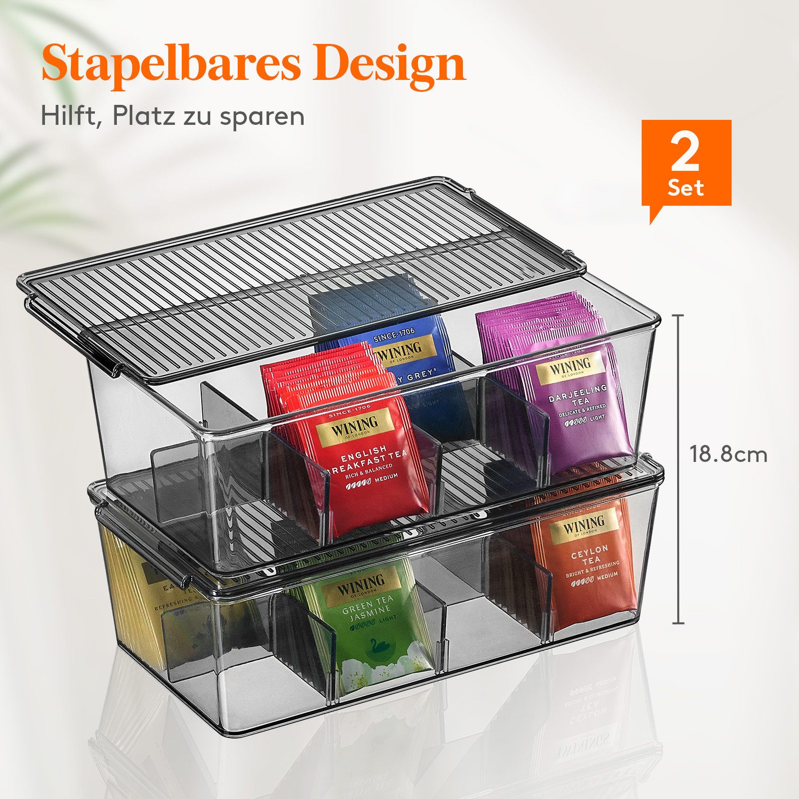 Lifewit Teebox 2 Stück Teebox 16 Fächer mit. Deckel Teebeutel Aufbewahrung Küche., (Set, 1-tlg., 2 x Teebox), Stapelfähig