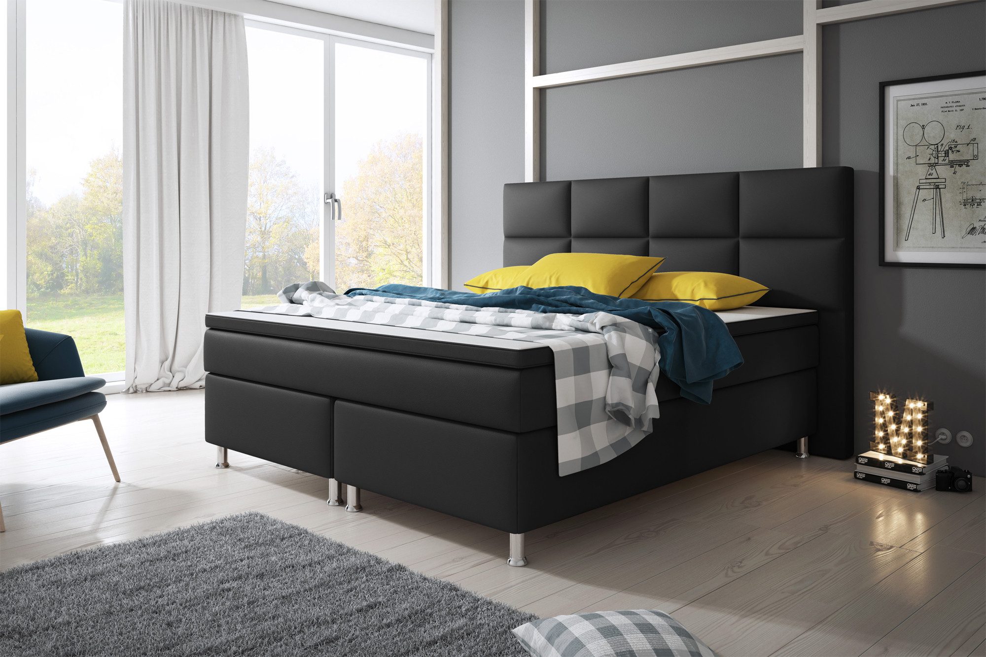inter Boxspringbett Miami Kunstleder (180x200 cm, Schwarz inkl. Matratzen und Topper)