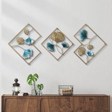 Vicbuy Wanddekoobjekt 3er Set Wandskulptur aus Metall, Ginkgo Blatt Wanddekoration (Schmiedeeisen Wandverzierung, Wanddeko, Wandkunst, Wandmalerei, für Wohnzimmer, Schlafzimmer, Esszimmer, Moderne Deko)