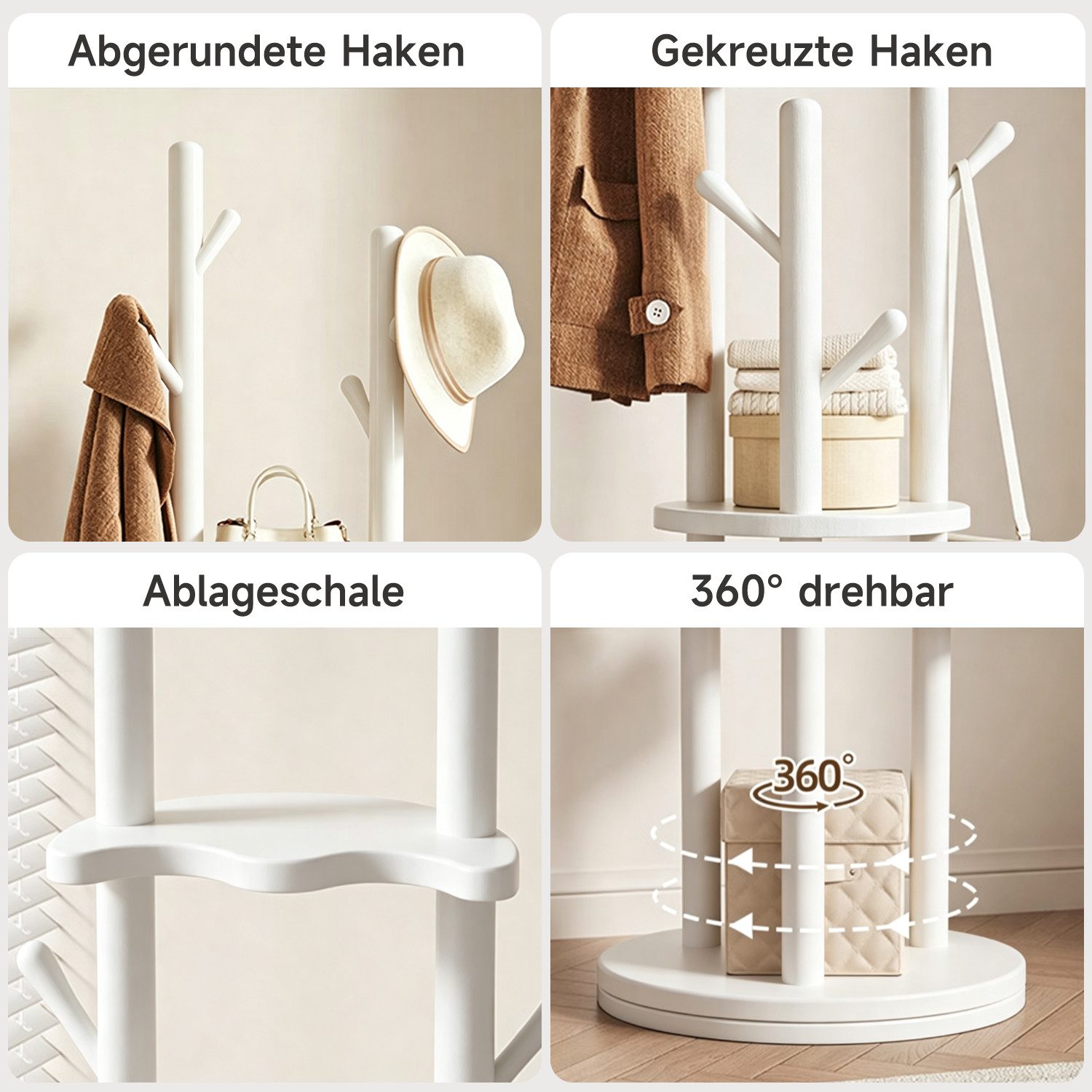 OSTWOLKE Garderobenständer Drehbarer Kleiderständer aus Massivholz mit 3 Ablage und 8 Haken, stabil & einfach zu montieren, für Flur, Schlafzimmer, 165×40×40 cm – Bild 5 von 5