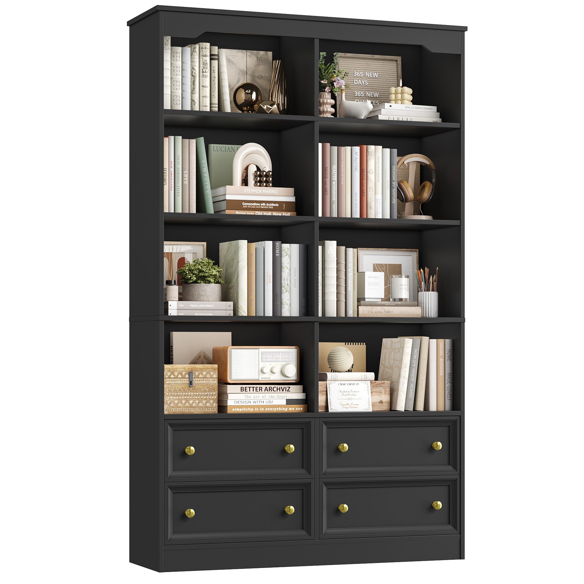 Homfa Bücherregal 180 cm Bücherschrank Hochschrank Mehrzweckschrank Standregal, mit 4 Schubladen und 8 Fächer groß holz 180x30x100cm, schwarz