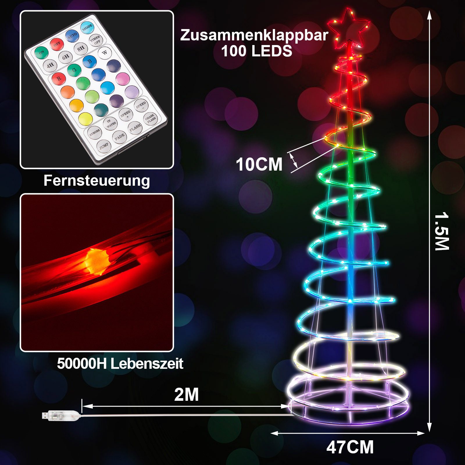 Merry 2024 Christbaumschmuck LED Baum Weihnachtsbaum,LED Lichterbaum Lichterkette, RGB, 8 Modi, Timer,Faltbar,Christbaumbeleuchtung,Weihnachtsdeko