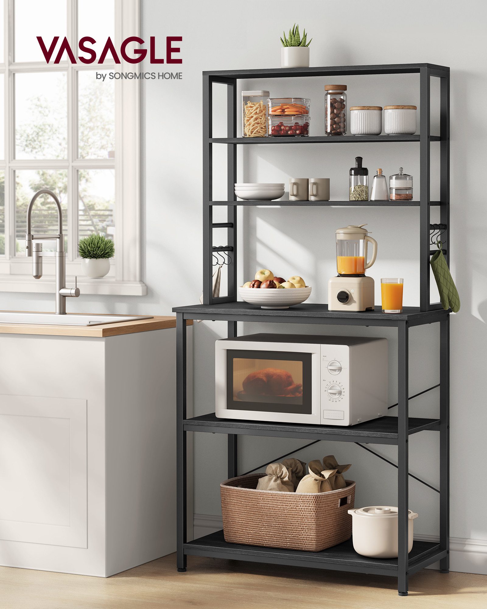 VASAGLE Standregal Küchenregal, Mikrowellen-Regal, 6 Haken, 6 Ablagen, 40 x 80 x 167 cm, Stahlrahmen, Industrie-Design