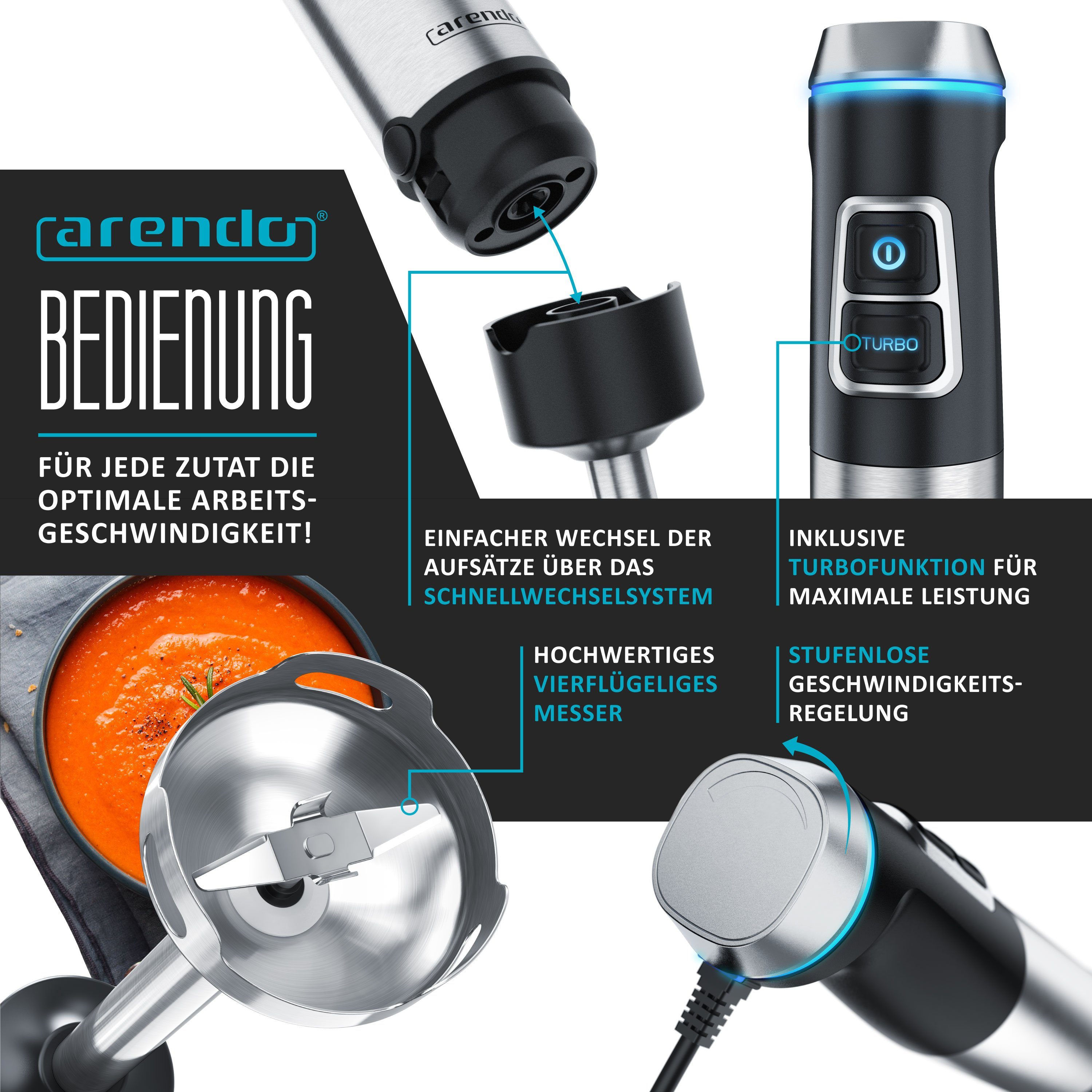 Arendo Stabmixer Edelstahl Pürierstab Set mit Zerkleinerer & Messbecher, Handmixer, 1200 W, 2 Geschwindigkeitsstufen, 4-Klingen, einfache Reinigung, DC Motor
