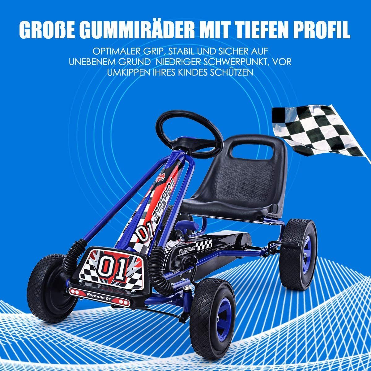 COSTWAY Go-Kart Tretauto, Pedalfahrzeug, mit Handbremse, verstellbarer Sitz