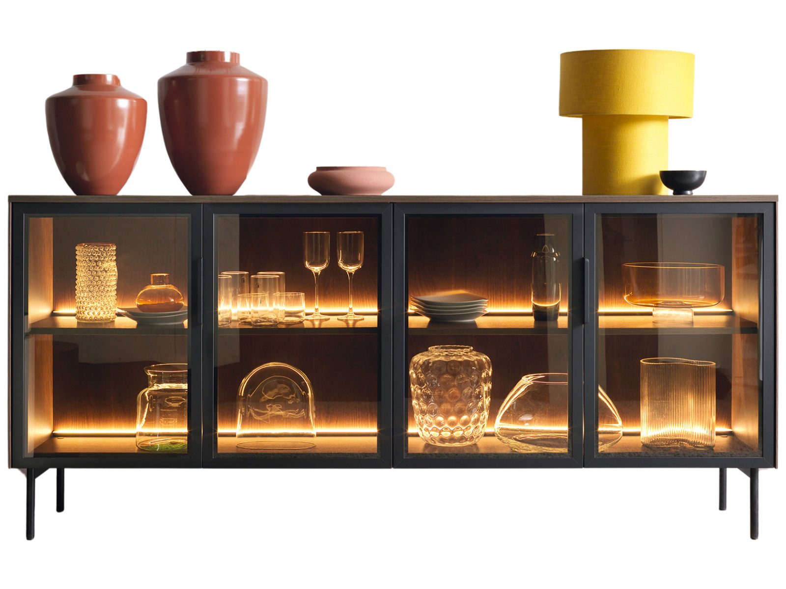 yourhouse24 Kommode LUMI 4D Glastüren & LED – Eiche Dunin oder Kaschmir Riffelglas