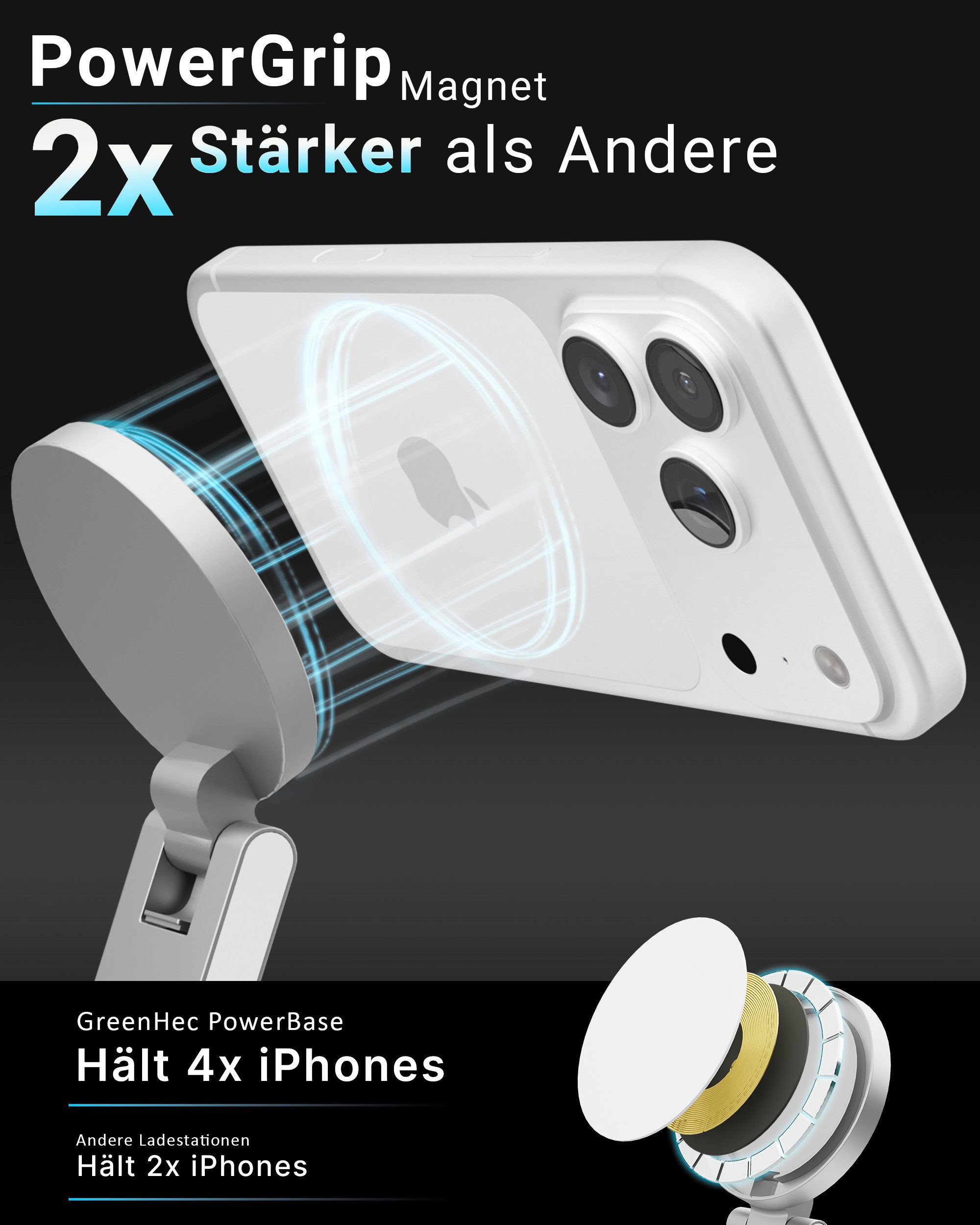 GreenHec Ladestation 25w Apple Watch iPhone 18 17 3in1 MagSafe Wireless Charger Wireless Charger (3000 mA, Spar-Set, 3in1 PowerBase + USB-C Kabel + 35w Ladegerä – Bild 3 von 5