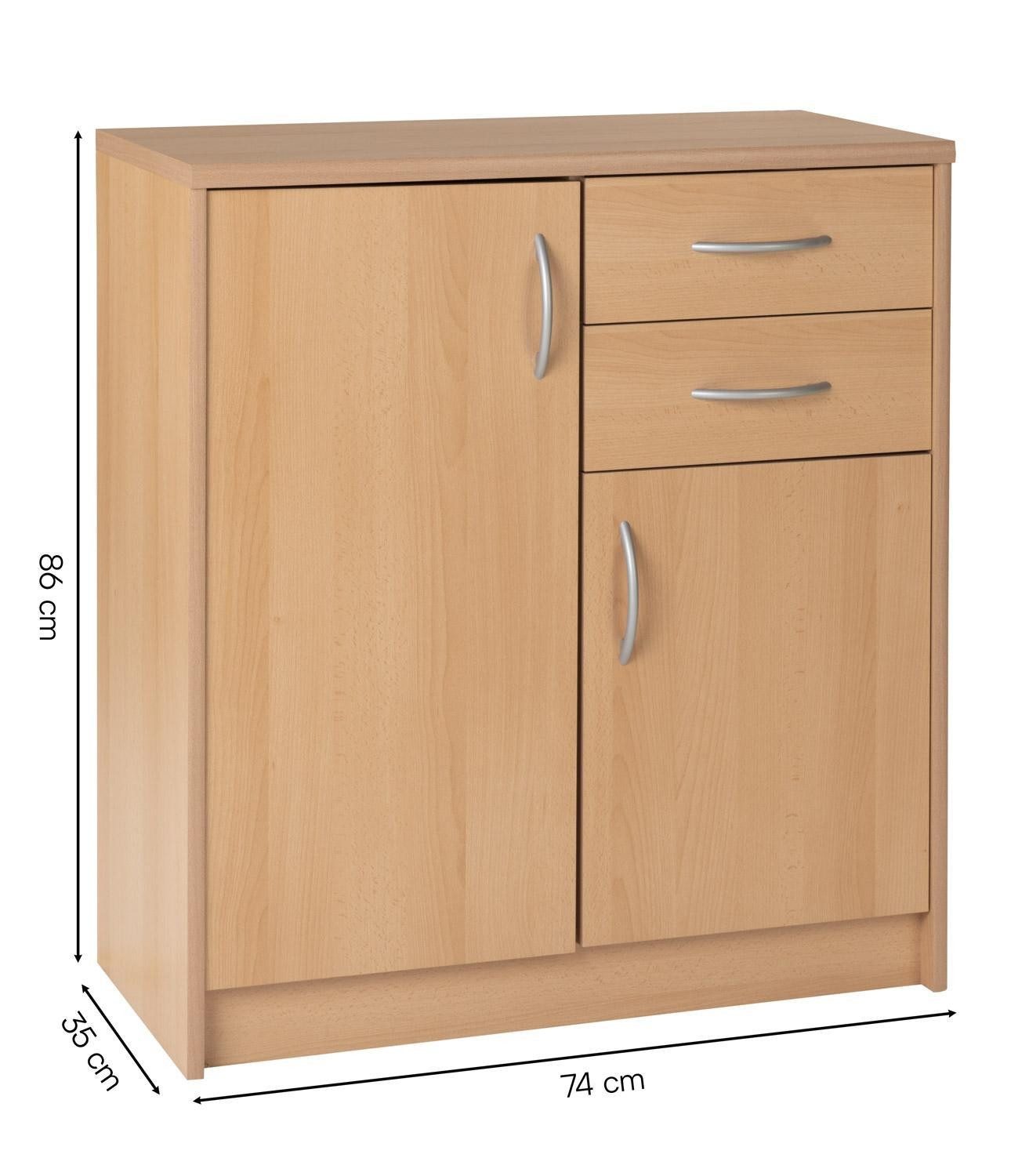 Kommode OPTIMUS, B 74 cm, H 86 cm, T 35 cm, 2 Türen, 2 Schubladen und 3 höhenverstellbaren Einlegeböden