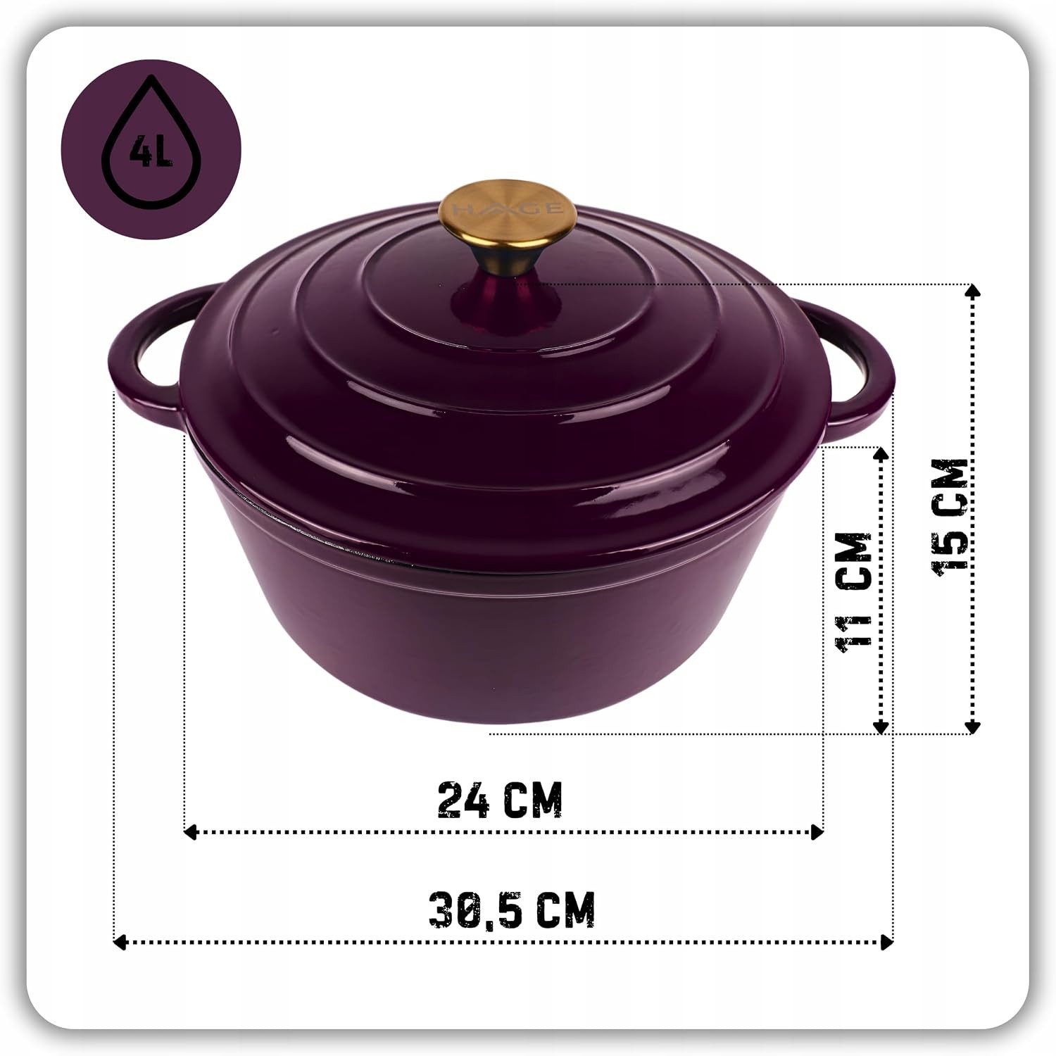 Torvon Bräter Gusseisen Bräter mit Deckel 4 L 24 cm Emailliert Induktionsgeeignet – Bild 2 von 5