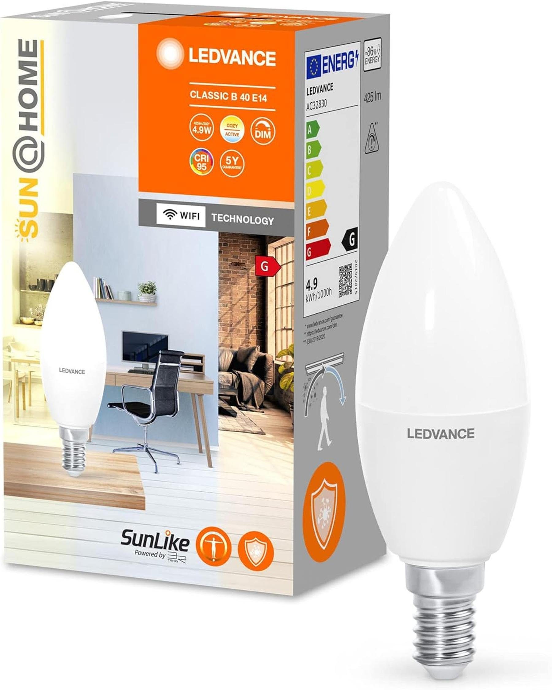 Ledvance LED-Leuchtmittel Smart E14 LED Glühbirne Kerze 4,9W dimmbar 425lm 5000K CRI, E14, Tunable White, Dimmbar, Energiesparend, Farbwechsel, Mattiert, App-Steuerung
